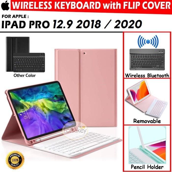 iPad Pro 12.9 Inch 3rd 4th Gen 2018 2020 Wireless Bluetooth Keyboard Flip Case Book Cover Hitam Pink