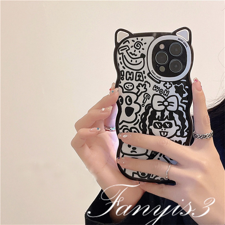 Compatible For iPhone 14 13 12 11 Pro Max X XR Xs Max 8 7 6 6s Plus SE 2020 Soft Case Pelindung Desain Telinga Kucing Graffiti Untuk