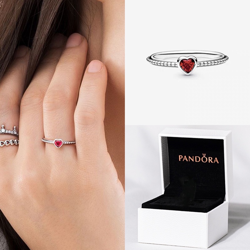 Pandora Cincin 925 Silver Bentuk Hati Aksen Ruby Kubik Zirkonia Untuk Wanita