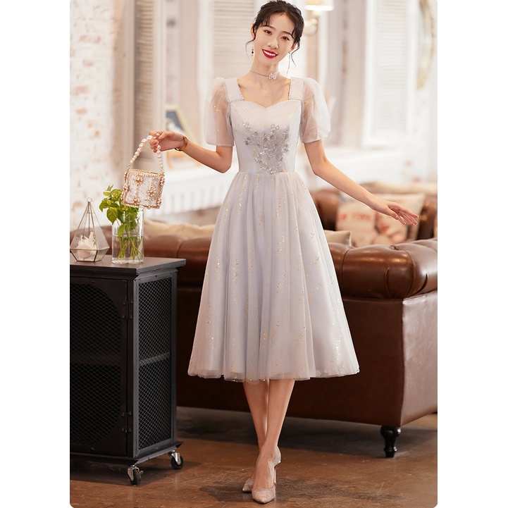 Gaun Pesta 2209030 Grey Abu Silver Lengan Pendek Party Dress