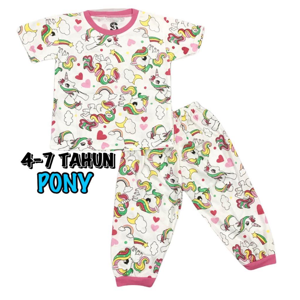 (1 KG MUAT 6 STEL) BAJU TIDUR CP ANAK KIDS PEREMPUAN/CEWEK SETELAN BAHAN KAOS KATUN 4-7 TAHUN PONY/UNICORN