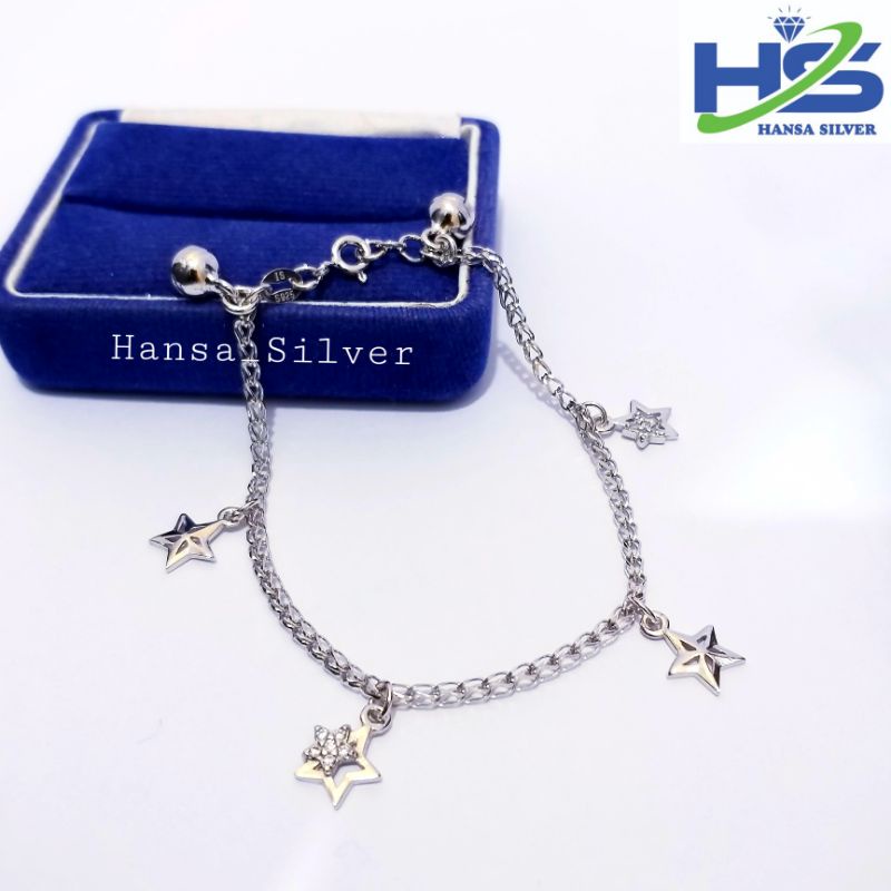 Gelang Tangan Perak Asli Silver 925 Lapis Emas Putih Rantai Victory Gantungan Love - Perak Asli