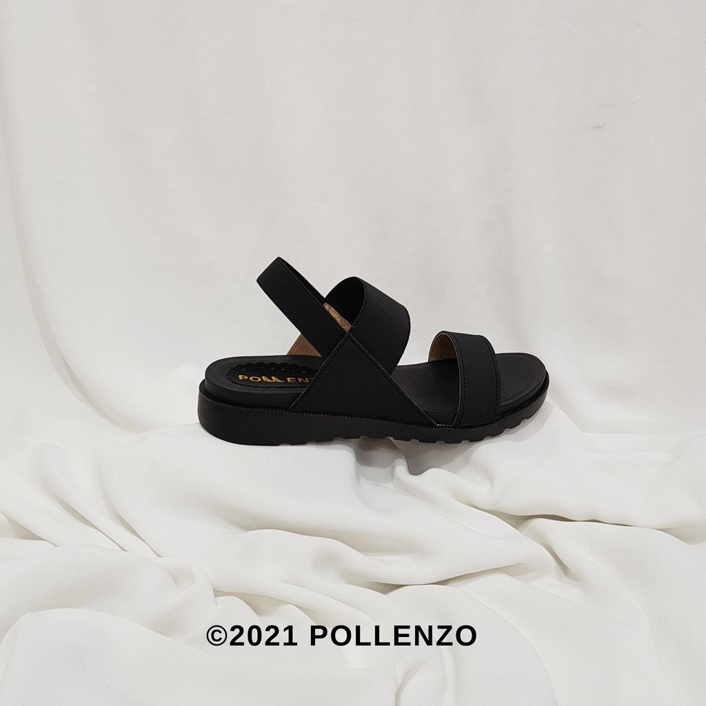 Pollenzo - Yoela Sandal Casual Dual-Strap Tali Karet Elastis Ap-306-HITAM