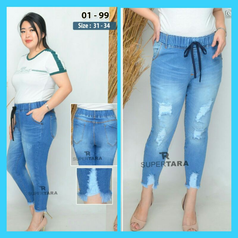 Celana Jeans Wanita 7/9 Pinggang Karet 32_35