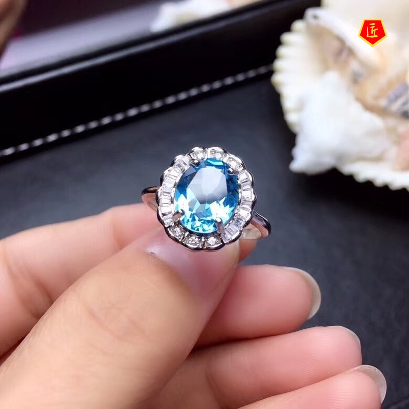 [Ready Stock]Blue Natural Topaz Set Rings Ear Studs