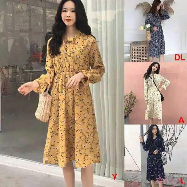 dress sifon model korea/ dress sifon motif bunga high quality