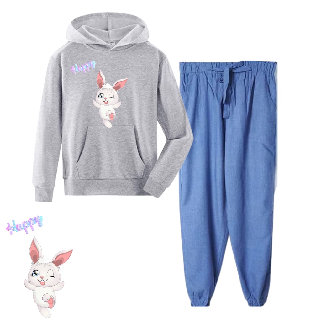 JBF Baju Setelan Wanita Remeja Sweater Hoodie Happy Bunny Dan Celana Denim Bahan Katun