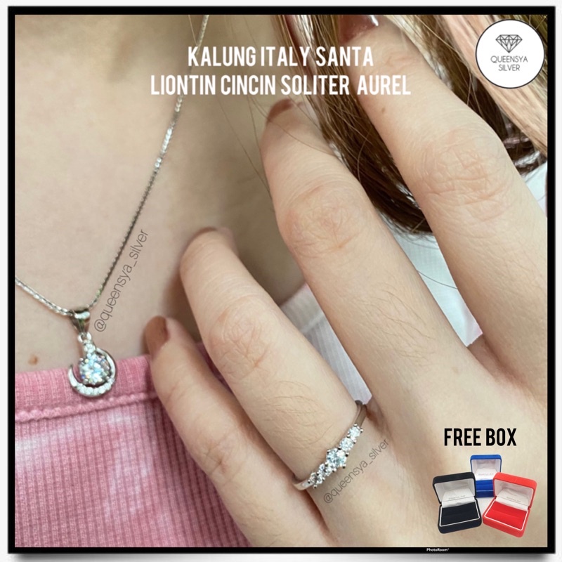 Set Perhiasan Perak 925 AUREL Kalung Liontin Cincin Soliter Variasi Mata Kecil Lapis Emas Putih