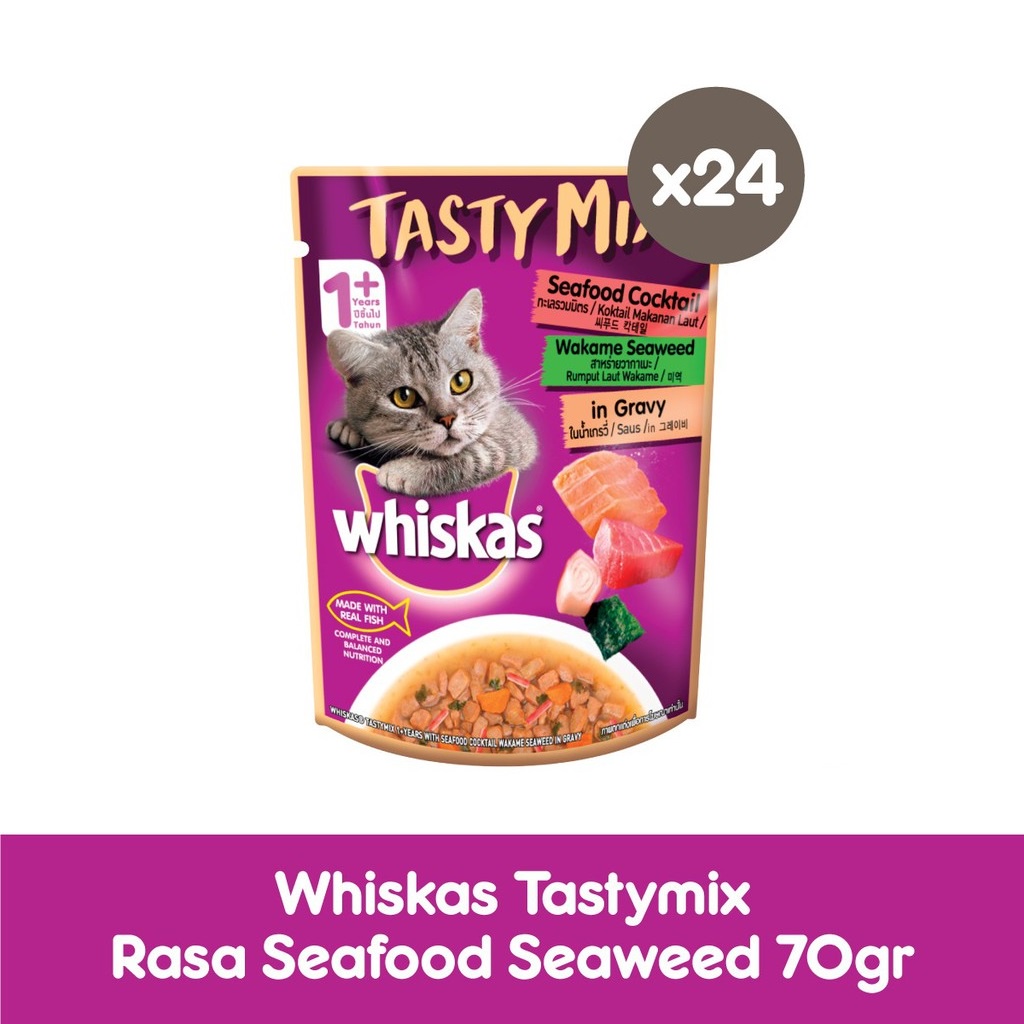 WHISKAS® Tasty Mix Makanan Kucing Basah Pouch 70gr - Isi 24-Seafood Seaweed