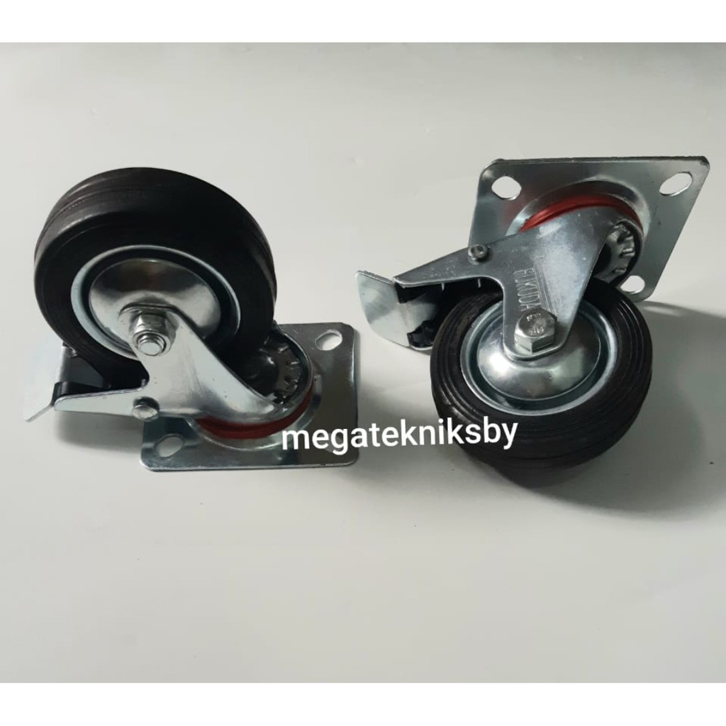 [1 Biji] Roda Karet Hidup 3 Inch + Rem TRIPLE S - Roda Troli Kursi Etalase