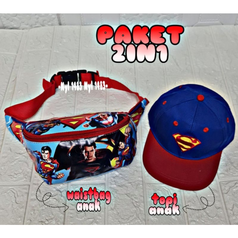 ( COD )Paket 2in1 Tas waistbag anak Karakter Boboiboy &amp; superhero + topi baseball anak