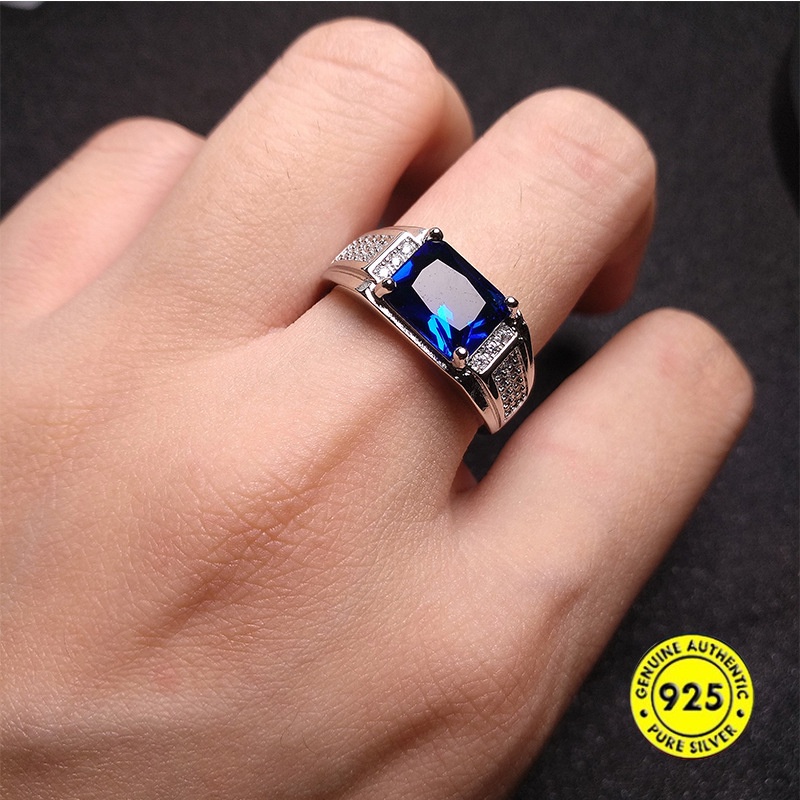 Cincin Model Terbuka Aksen Sapphire Bahan S925 Silver Untuk Pria