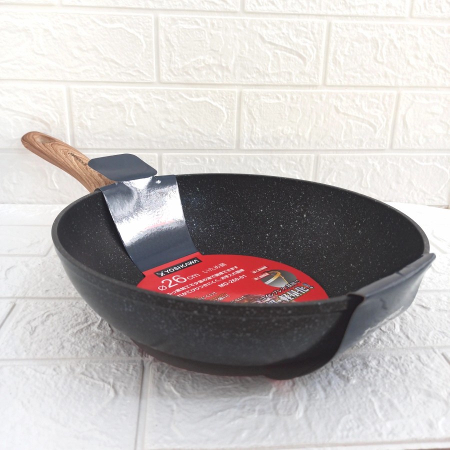 Wajan Penggorengan Yoshikawa Kuali Fry Wok Marble 26 cm Anti Lengket