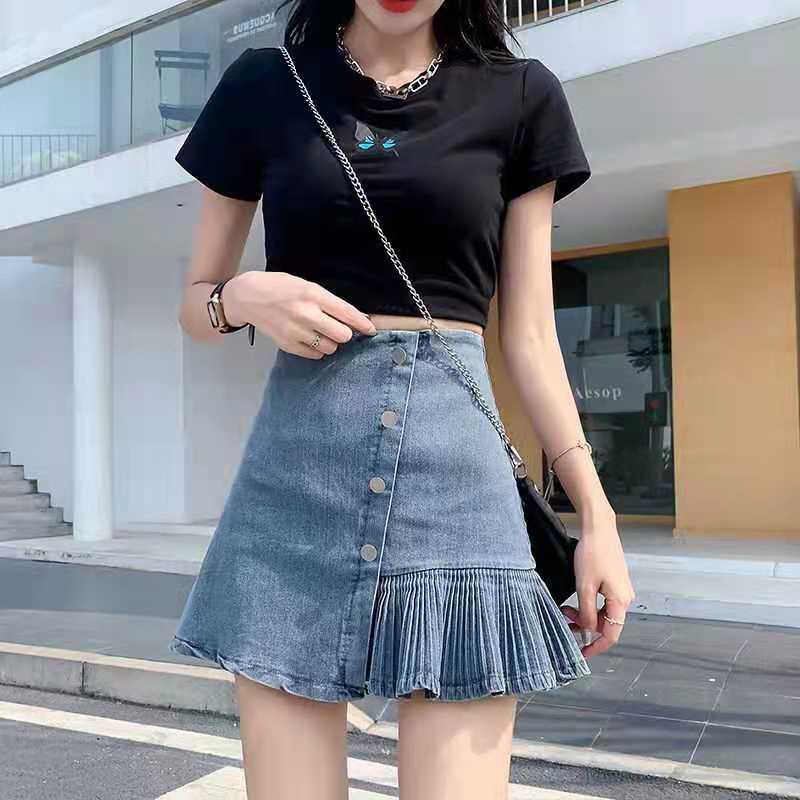 Rok denim Rok pelangsing pinggang ultra-tinggi rok dalam seperti celana rok lipit a-line wanita