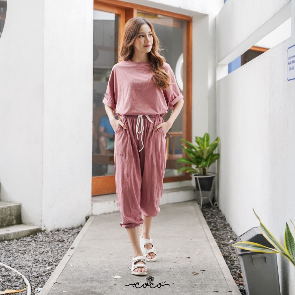 COCO - JENNIE SET - Celana Panjang - Setelan Wanita - Homewear - Pakaian Wanita - Piyama Wanita - Dailywear - Set Wanita-Blush red