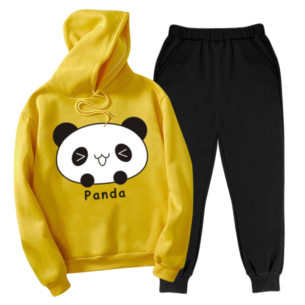 BESS - Setelan Hoodie Wanita Murah / Setelan Hoodie + Jogger Hitam - PANDA CUTE