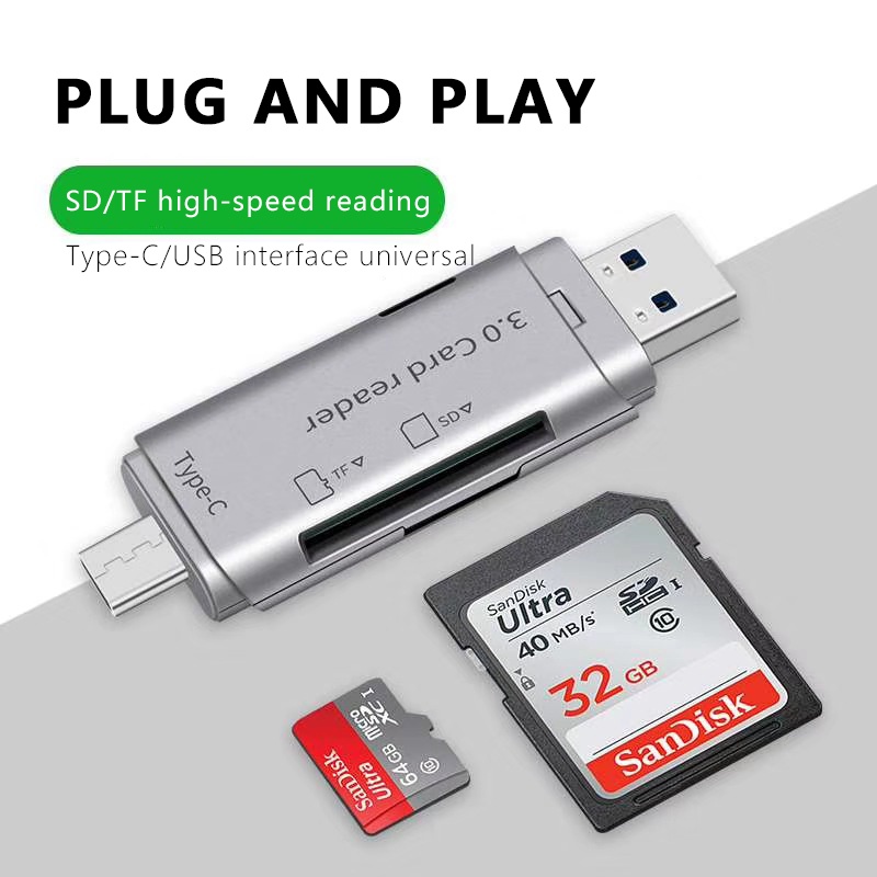 Actual 4 in 1 Card Reader High-Speed Smart 3.0 Metal Type C / Micro USB / SD Card / TF Memory Card Read OTG Adapter Image 3