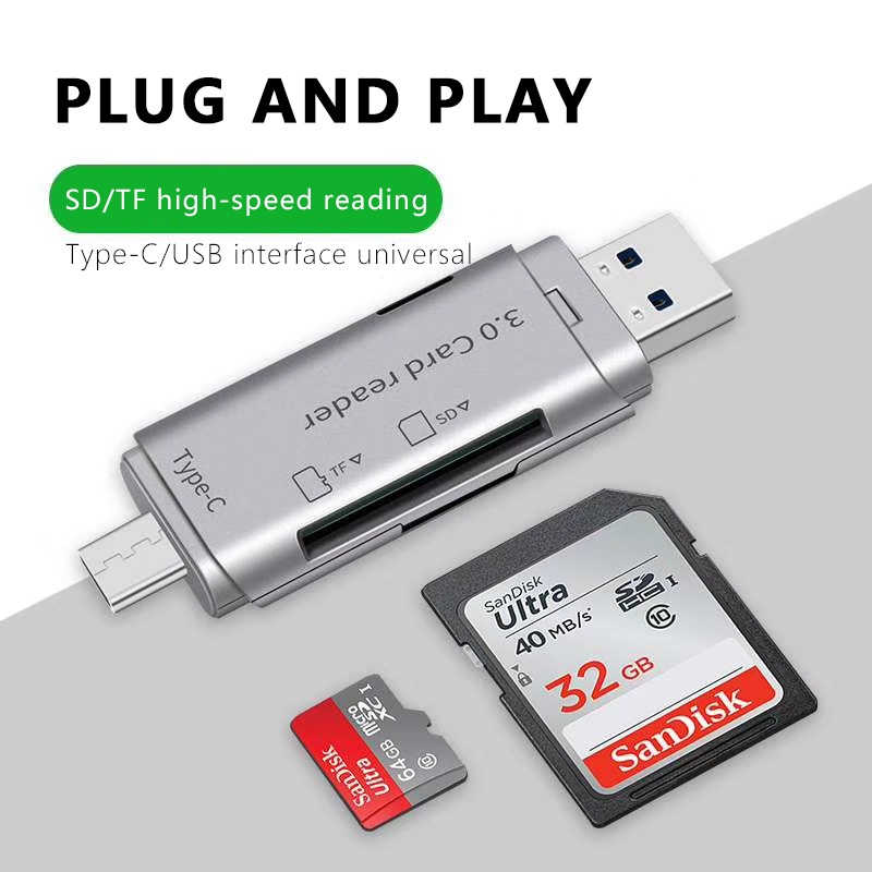 Actual 4 in 1 Card Reader High-Speed Smart 3.0 Metal Type C / Micro USB / SD Card / TF Memory Card Read OTG Adapter