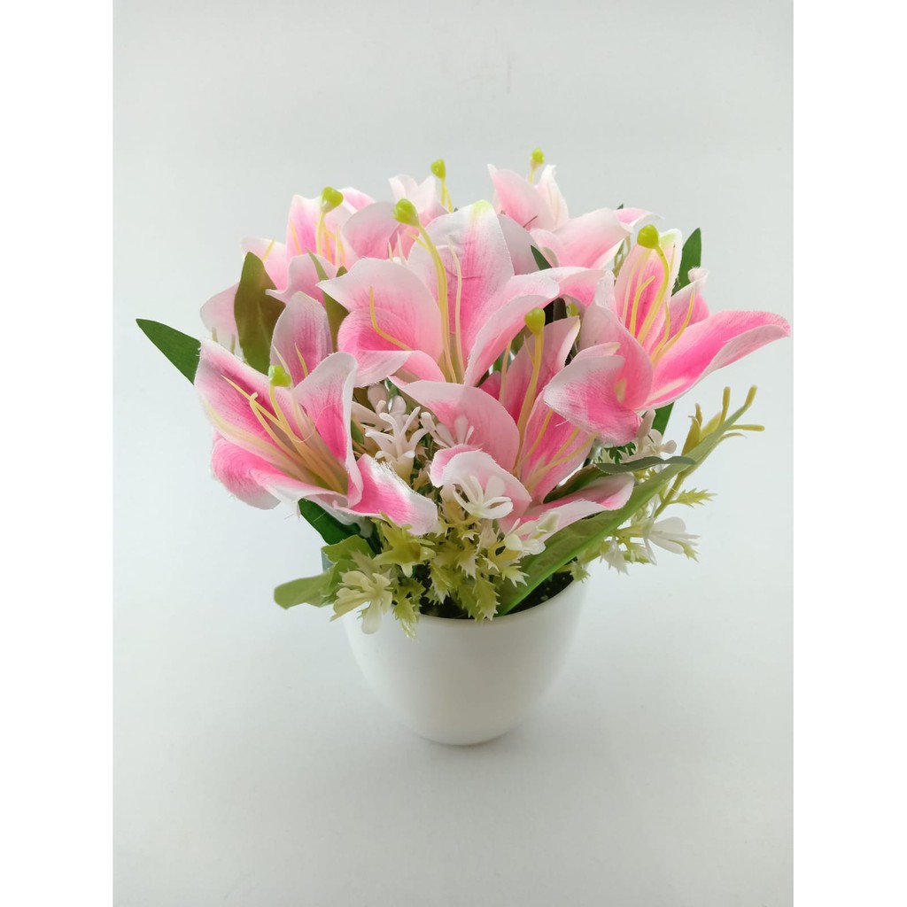 COD BUNGA PLASTIK BUNGA PAJANGAN IMITASI BUNGA ARTIFISIAL BUNGA LILY BUNGA HIAS PLASTIK BP8848-PUTIH PINK