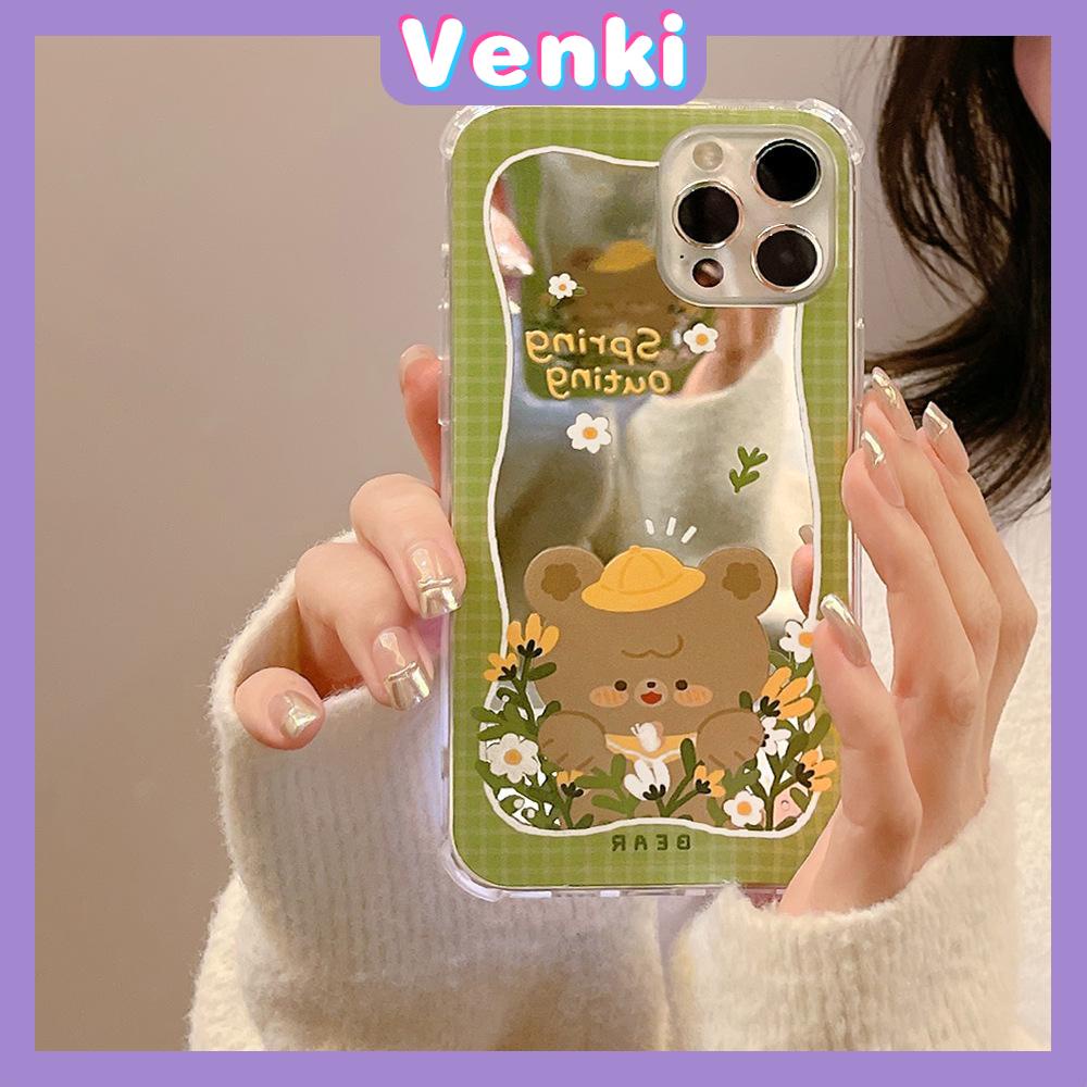 iPhone Case Acrylic Mirror Airbag Shock Resistant Big Hole Camera Protection Green Flower Bear Compatible For iPhone 11 iPhone 13 Pro Max iPhone 12 Pro Max iPhone 7 Plus