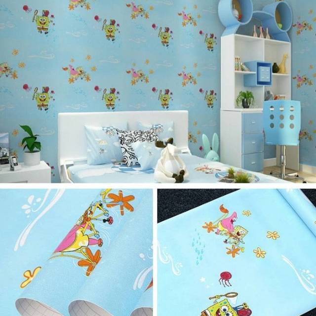 Wallpaper Sticker Dinding SPONGEBOB BLUE Stiker Dekorasi Tembok Kamar Anak Playground Sekolah TK