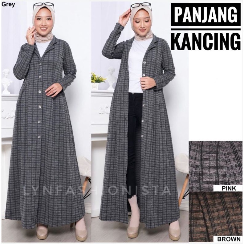 LYNFASHIONISTA-KARDIGAN PANJANG MUSLIM MOTIF KOTAK KANCING HIDUP PREMIUM TEBAL/YUREZA