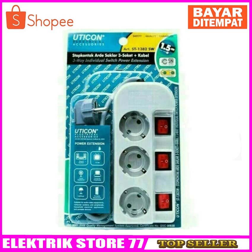 Uticon Stop Kontak 3 Lubang+ Saklar Lampu Masing2+Kabel 1-5M Uticon ST1362 SW SNI original