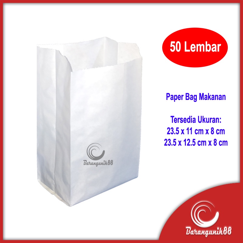 Kantong Kertas Paper Bag Makanan Anti Minyak Paperbag White Putih 23.5x11x8cm 23.5x12.5x8cm 50 lbr