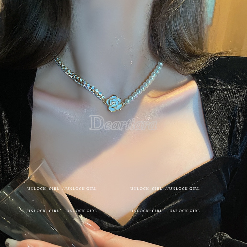 French Retro Design Light Luxury Camellia Necklace Temperament Stitching Pearl Clavicle Chain Women