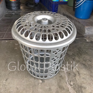  Keranjang  Baju  Pakaian Kotor Laundry Bulat Tutup  Silver 