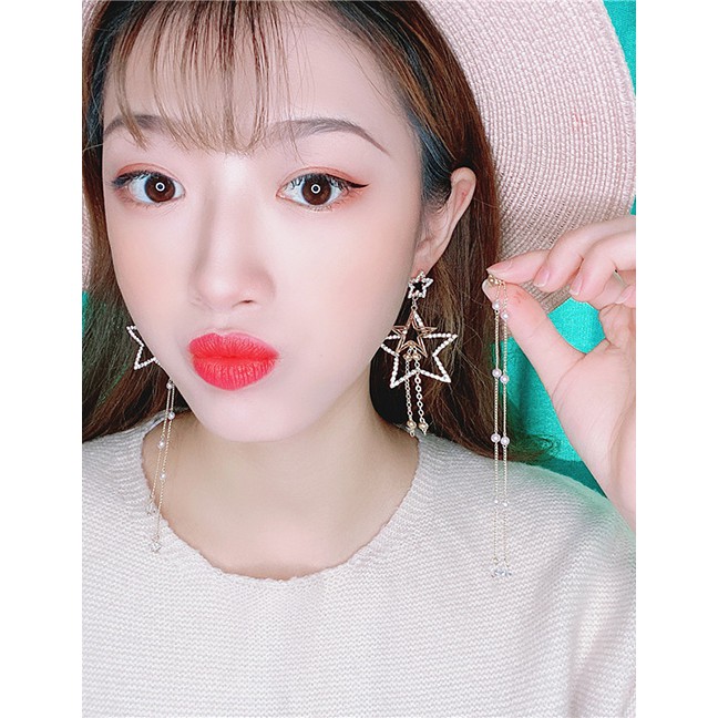 LRC Anting Tusuk Fashion Yellow Alloy Star Diamond Earrings D64447
