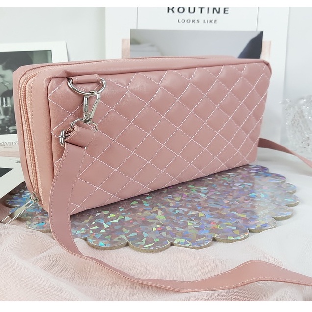 Tas Selempang Muat HP Dompet Simpel Quilted Kulit Motif Kotak Sling Bag Lokal KT001