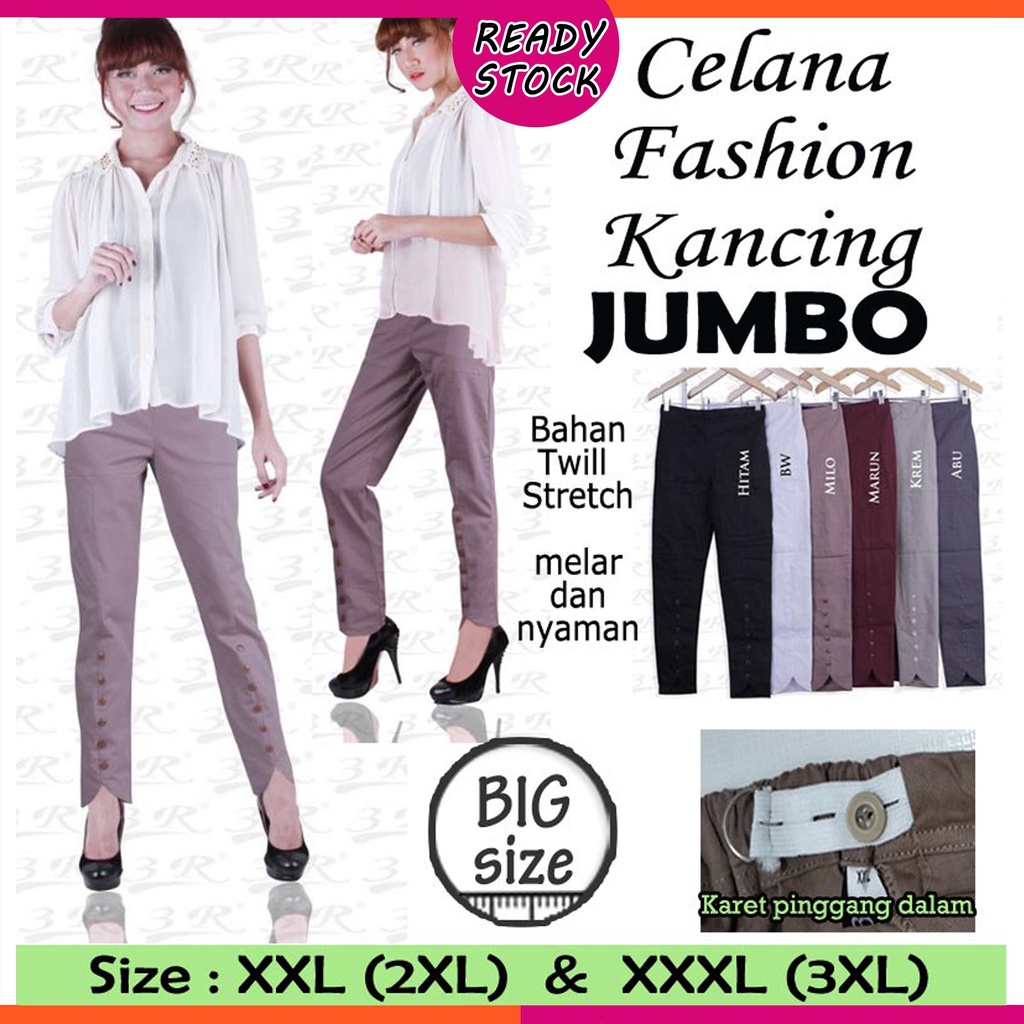 BIGCLO - (COD) Celana Original 3R Fashion Kancing Celana Panjang Wanita Big Size Jumbo Twill Stretch