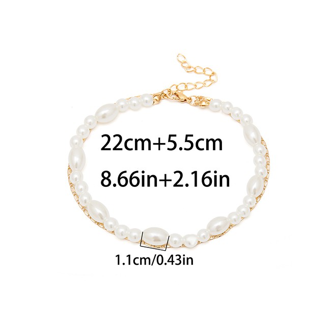 LRC Gelang kaki Fashion Gold Metal Asymmetric Pearl Chain Multi-layered Anklet F59838