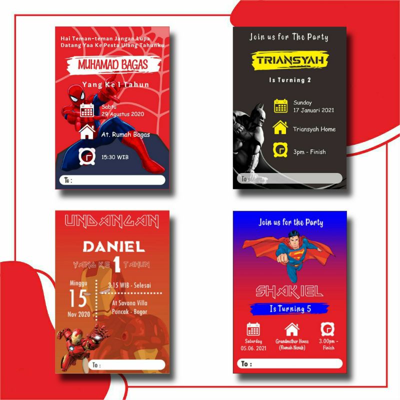 Undangan Ulang Tahun Anak Karakter ✓BATMAN ✓SUPERMAN ✓IRON MAN ✓SPIDERMAN
