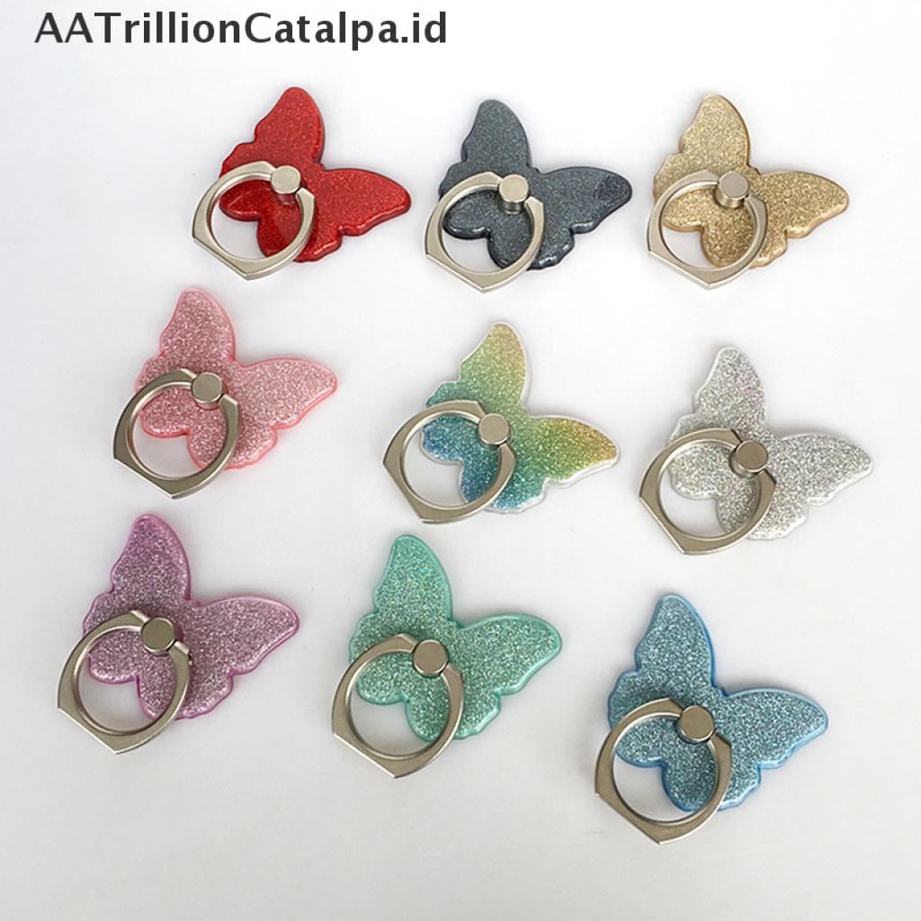 (AATrillionCatalpa) Ring Stand holder Hp Universal Bentuk Kupu-Kupu Aksen Glitter Bisa Berputar 360 °