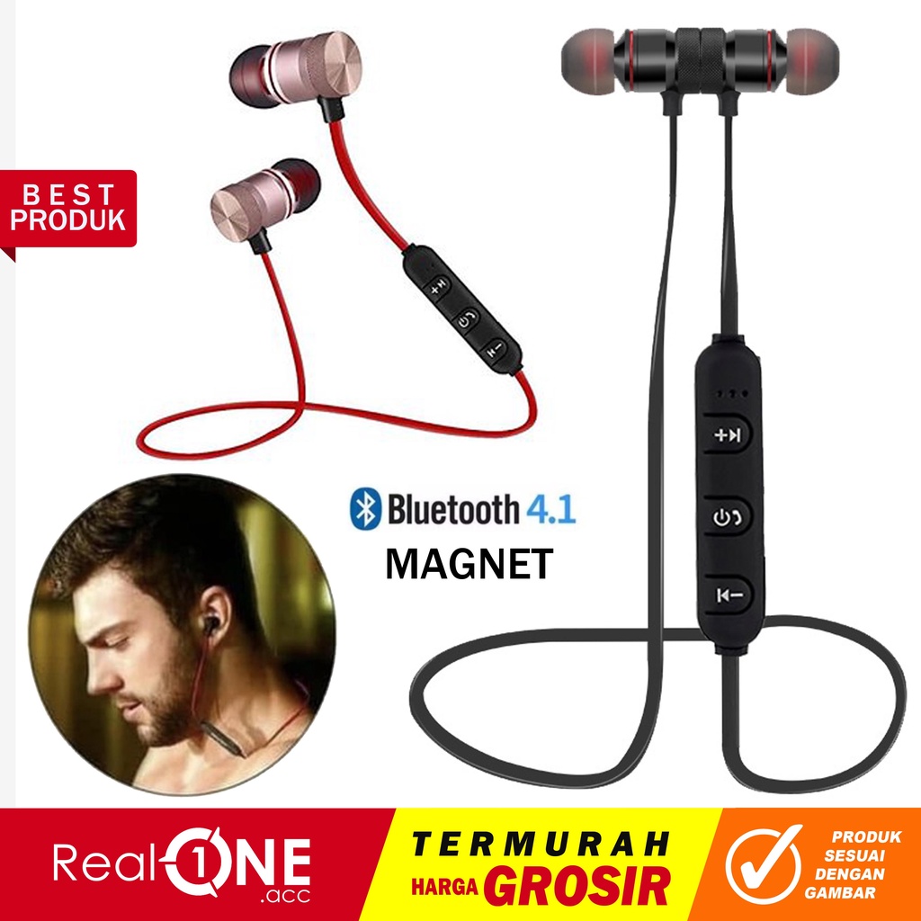 Headset bluetooth wireless sport magnetic handsfree mega bass sound stereo design olahraga support ios android - realoneacc