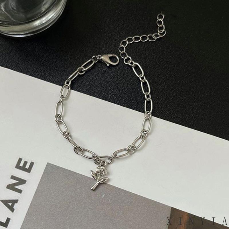 【COD】Gelang Tangan Rantai Baja Titanium Aksen Bunga Mawar Ala Korea Untuk Wanita