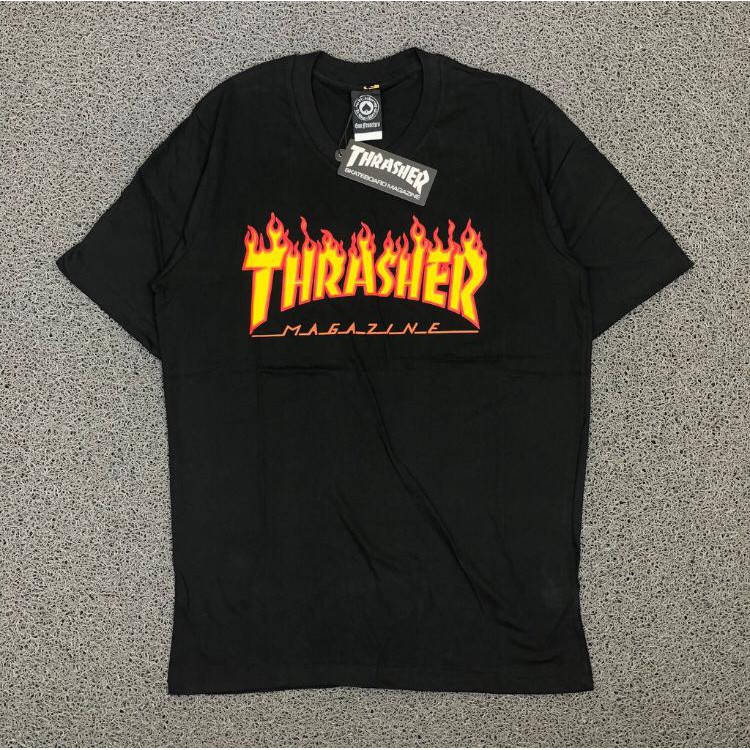 T SHIRT KAOS THRASHER FLAME BLACK AUHTENTIC FULL LEBEL