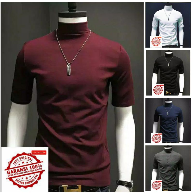 Kaos polos leher turtleneck kaos pria korea kaos lengan pendek leher tinggi kaos