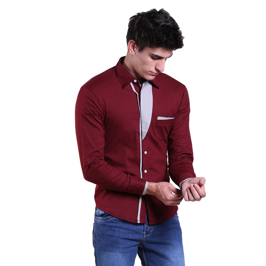 Pakaian Pria Kemeja Slim Fit Maroon Lengan Panjang Bisa COD Retur