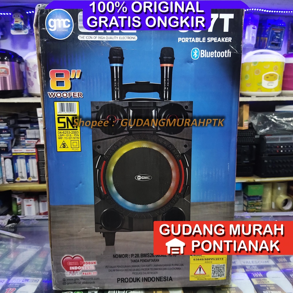 Speaker Portable Bluetooth GMC 897T bonus 2 mic Wireless salon charge Suara Mantap Nyaring Troli roda Troly