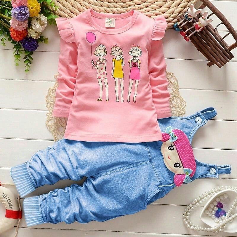 Setelan Anak Perempuan / Set Anak Usia 3-5 Tahun Celana bahan Denim  / Set Trio Kid