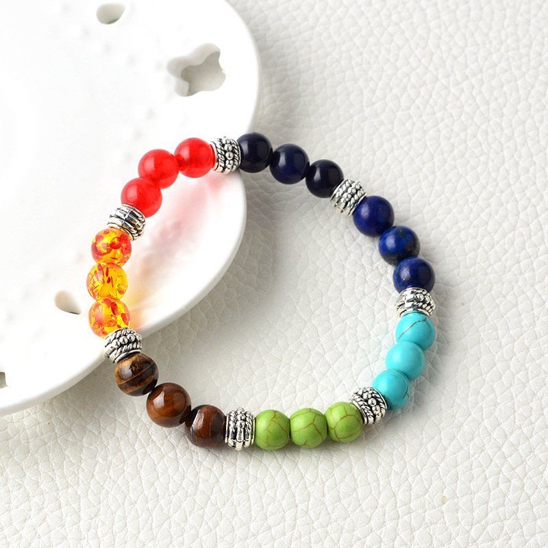 Unisex 7 Chakra Natural  Stone Beads Bracelet / Stress Relief Healing Chakra Yoga Bracelet /  Colourful  Lucky Prayer Beaded Bracelet