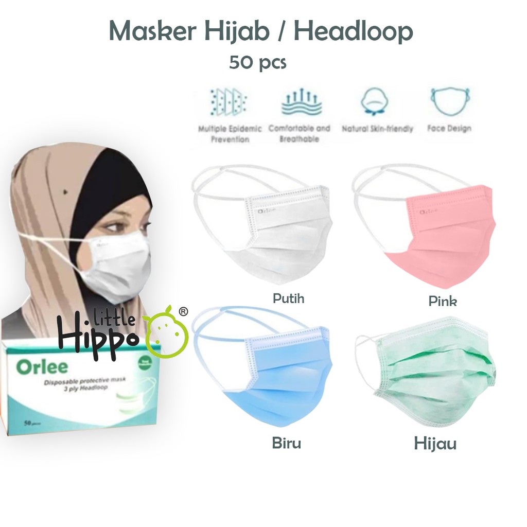 Masker Headloop Hijab 3 Ply 3Ply Face Mask anti Virus 1 box isi 50 Pcs Orlee Kemenkes Green