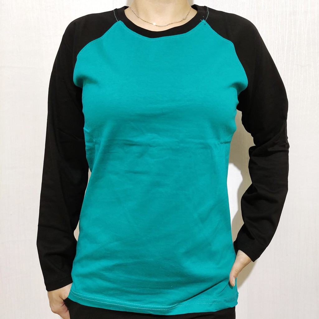 Kaos polos raglan hijau tosca lengan hitam panjang M L XL XXL