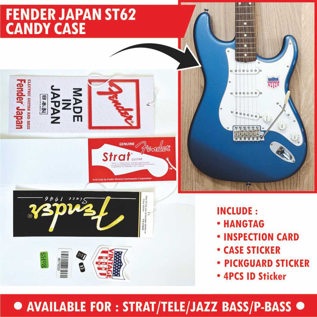 Fender Japan ST 57 58 62 Series Guitar and Bass Candy Case Hangtag Set Plus Sticker Set