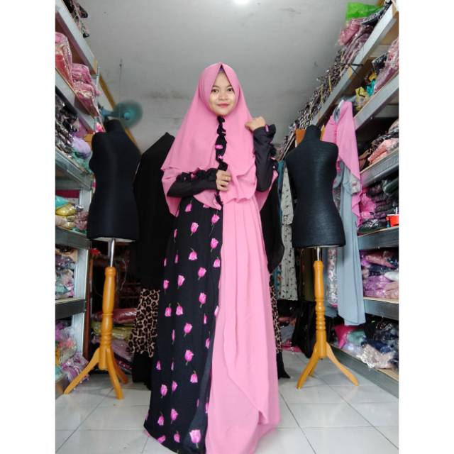 Gamisset khimar motif bunga monalisa ceruty kerut belakang jersey ped antem dua layer rempel.