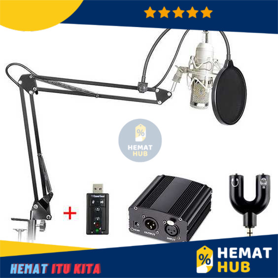 BM 800 Mic Paket Lengkap Set Recording Podcast Phantom Power Pop Filter Microphone Scissor Arm Stand