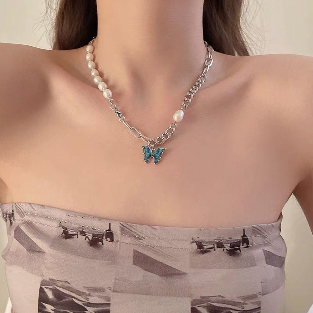 Mxbeauty Kalung Korea Elegan Rantai Manis Liontin Kupu-Kupu Perhiasan Leher Yang Dapat Disesuaikan